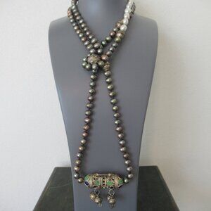 VTG Real Pearls Hand Tied Two Tone w/ Ancient Engrave Metal Beads Extra Long 51"